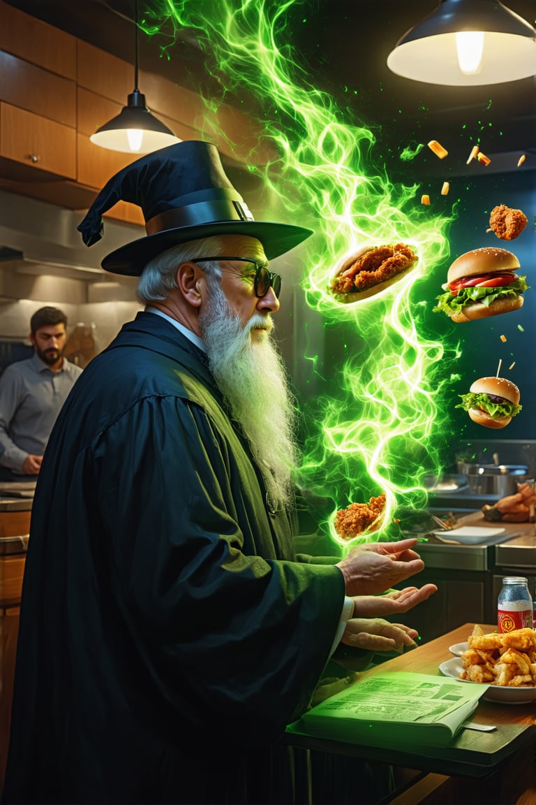 old man\(wearing wizard robe, long white beard, wizard hat, wearing sun glasses, side view), releasing magical green energy, (salad, fried chicken, burger meat and soda with ice are flying in the air), background(fast food restaurant kitchen indoor, fast food employees shoked), (masterpiece, highres, high quality:1.2), ambient occlusion, low saturation, High detailed, Detailedface, (shot from distance), intricate details, dreamlike, concept art, illustration, highly detailed, splash art, artbook, beautiful image, fantasy, realistic