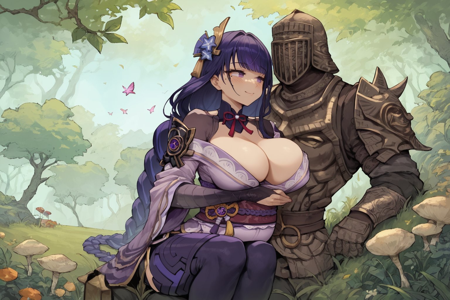 score_9, score_8, score_7, score_7_up, score_8_up, 1boy\(human, giant male, tall male, wearing full madness Armor and helmet, armored\) laying on the grass and holding 1girl\(Raiden Shogun, pregnant belly, big breasts, slim body, wearing dress, jewellery, gold, hugging, pouty lips, seductive, smug smile, blushing, hugging\), sitting on his lap, magical butterflies, forest, mushrooms, outdoor, romance, fantasy, 2d, anime, hetero