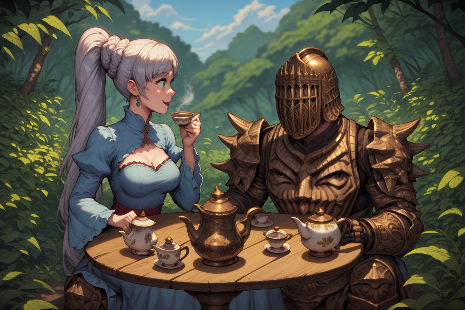score_9, score_8, score_7, score_8_up, 1boy\(human, dark skin, giant, tall, wearing full madness Armor and helmet\) with woman\(medium breasts, Weiss Schnee wearing dress, happy, seductive\), both sitting and eating. (Tea cups, tea pot, parmesan on the table), jungle, both staring at each other, score_7_up, side view, 2d, anime
