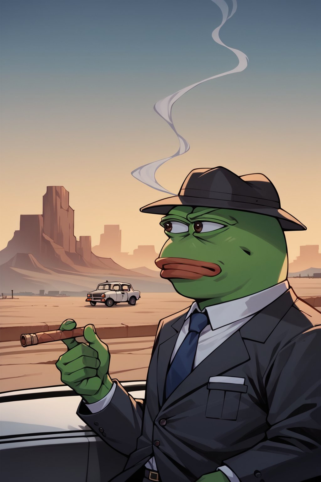 score_9, score_8, score_7, score_7_up, score_8_up, pepe the frog wearing black business suit, cowbot hat, smoking a cigar, upper body, mojave desert, classic car in background, apocalyptic, exterior, night,0ut3rsp4c3