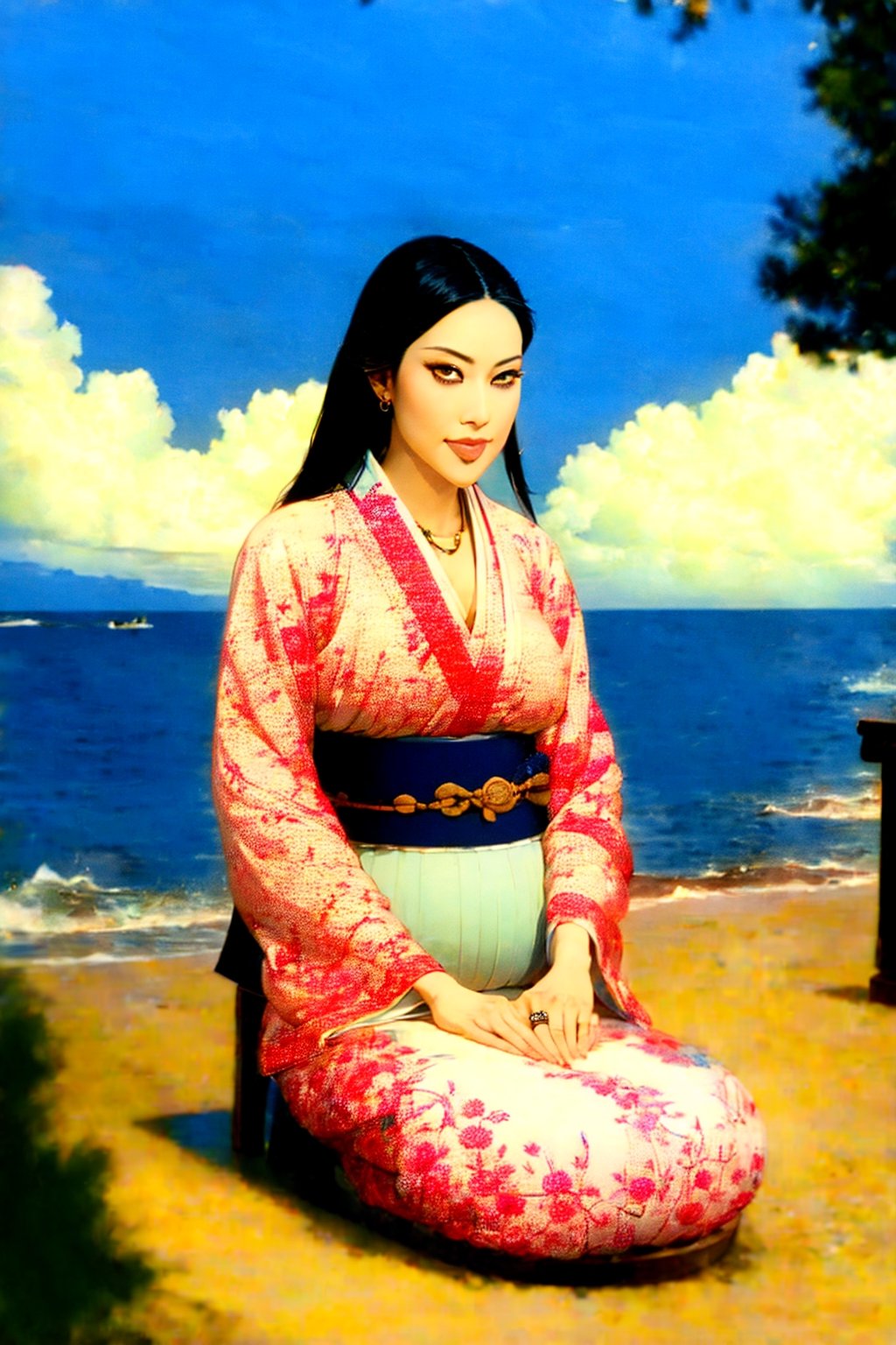 woman\(unohana retsu, mature body, perfect body, black hair, blue eye color, jewelery, bridal gauntlets, rings, amulets, eyelashes, large breasts, large cleavage, pregnant, wearing yukata, sandal, feminine, beautiful, mistress\) The scene should convey a seductive and arrogant smug expression on her face, with an air of arrogance as she maintains eye contact with the viewer, (full body), sitting, background(beach, restaurant, pillows, sky, day, sun, table(sake), pots with flowers),(masterpiece, highres, high quality:1.2), ambient occlusion, low saturation, High detailed, Detailedface