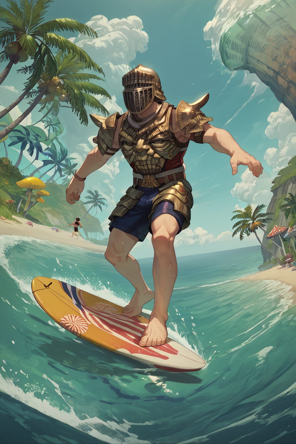 score_9, score_8, score_7, score_7_up, score_8_up, 1boy\(human, giant, tall, wearing madness Armor and helmet\), surfing, swimsuit, barefoot, surfboard, beach, mushroom tree, outdoor, night, romance, fantasy, 2d, anime, hetero