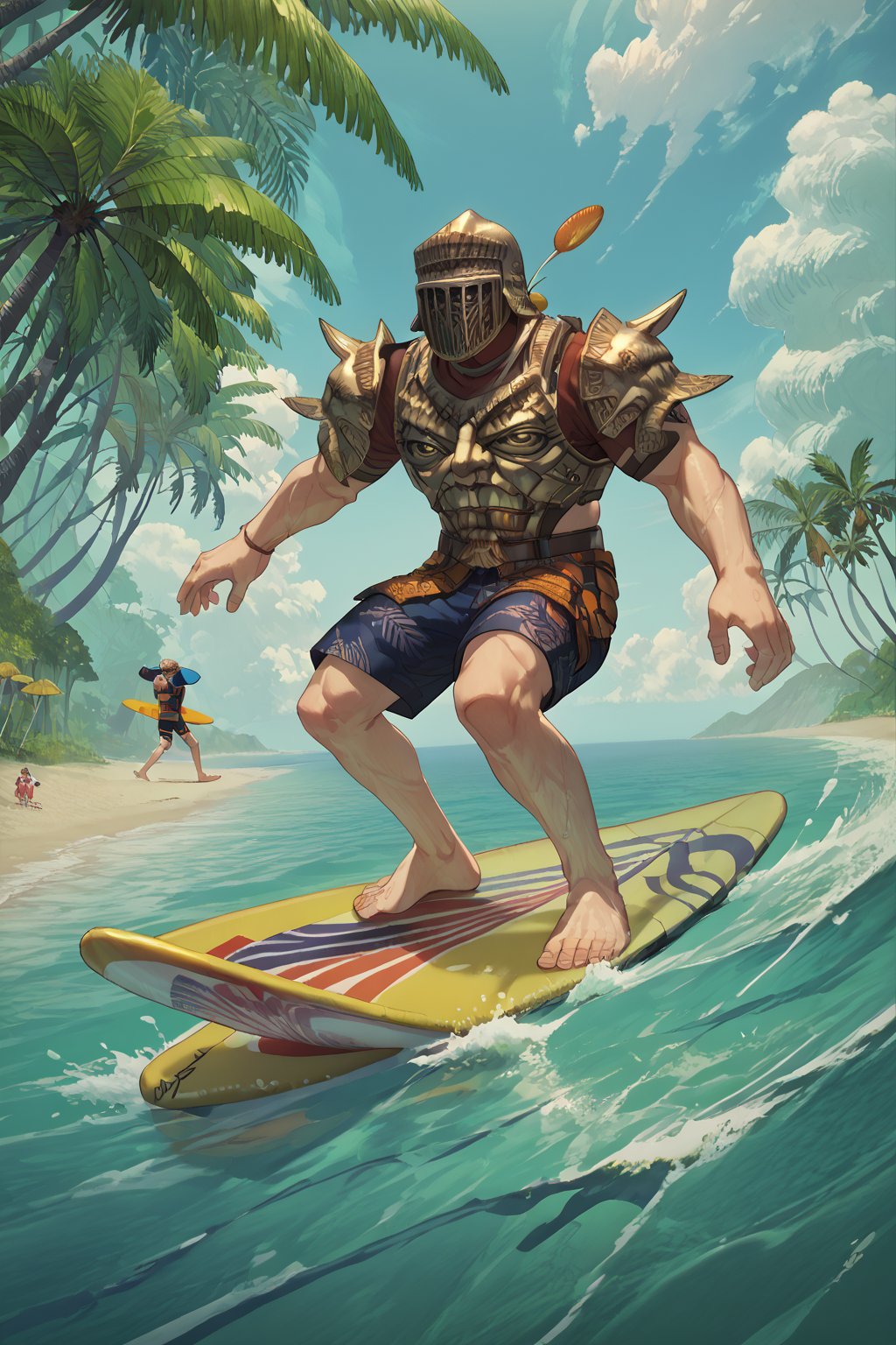 score_9, score_8, score_7, score_7_up, score_8_up, 1boy\(human, giant, tall, wearing madness Armor and helmet\), surfing, swimsuit, barefoot, surfboard, beach, mushroom tree, outdoor, night, romance, fantasy, 2d, anime, hetero