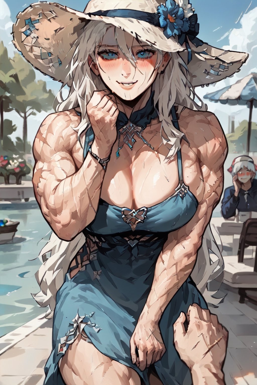 score_9, score_8, score_7, pov(male, human) walking hand in hand with wife(toned muscles, feminine, wearing summer blue dress and hat, big breasts, long hair, white hair, blue eyes, scars, shy, blushing, smile), staring at you, lakeside