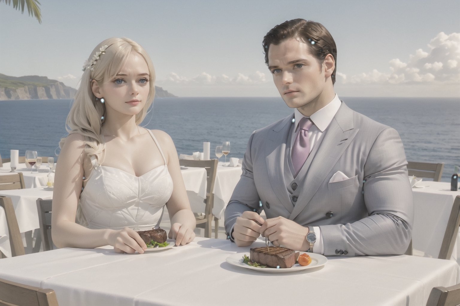 Henry Cavill wearing business suit with Frieren and Aura both wearing nice dress, sitting, steak and wine on the table, fantasy, (Shot from distance),background(ocean, outdoor restaurant)(masterpiece, highres, high quality:1.2), ambient occlusion, low saturation, High detailed, Detailedface, Dreamscape,Extremely Realistic