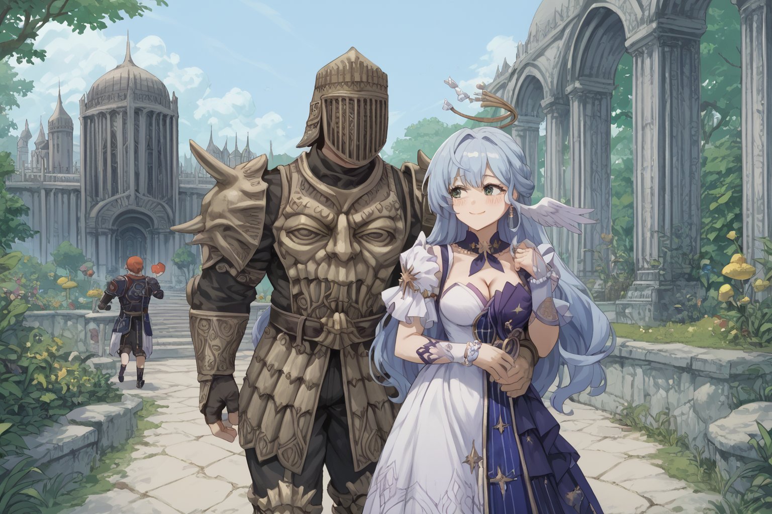 score_9, score_8, score_7, score_7_up, score_8_up, 1boy\(human, giant male, tall male, wearing full madness Armor and helmet, armored\) walking hand in hand with 1girl\(robin \(honkai: star rail\), short, pregnant, cleavage, wearing dress, jewellery, gold, hugging, pouty lips, seductive, smug smile, blushing\), forest, castle, mushrooms, outdoor, romance, fantasy, 2d, anime, hetero