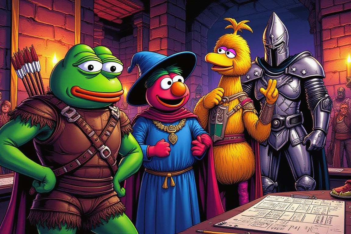 In the style of an 80s comic set in a Dungeon and Dragons-inspired universe, the scene captures a vibrant, action-packed moment inside a bustling guild of adventurers. The room is illuminated by the warm glow of torches, casting dramatic shadows on the stone walls, which are adorned with banners and trophies from past quests.

Pepe the Frog, depicted in bold, dynamic lines and colors, wears leather armor with a quiver of arrows on his back. He stands with a confident, ready-for-action pose as he scans the quest board, his expression determined. Elmo, dressed in a flowing blue wizard robe and tall wizard hat, is drawn with an air of magical energy, his staff glowing subtly as he studies the board with intense focus. Big Bird, towering above the others in his druid robe, is portrayed with a thoughtful, almost wise demeanor, his robe detailed with leaves and natural elements that suggest his deep connection to nature.

The knight, in his shining steel armor and helmet, is depicted as a stalwart protector, his presence commanding respect as he stands ready for whatever challenges lie ahead. The entire scene is filled with the rich, saturated colors and dynamic poses typical of comic art, with a sense of adventure, camaraderie, and the promise of epic quests. The background features other adventurers, all rendered in a similar style, adding to the lively, bustling atmosphere of the guild.