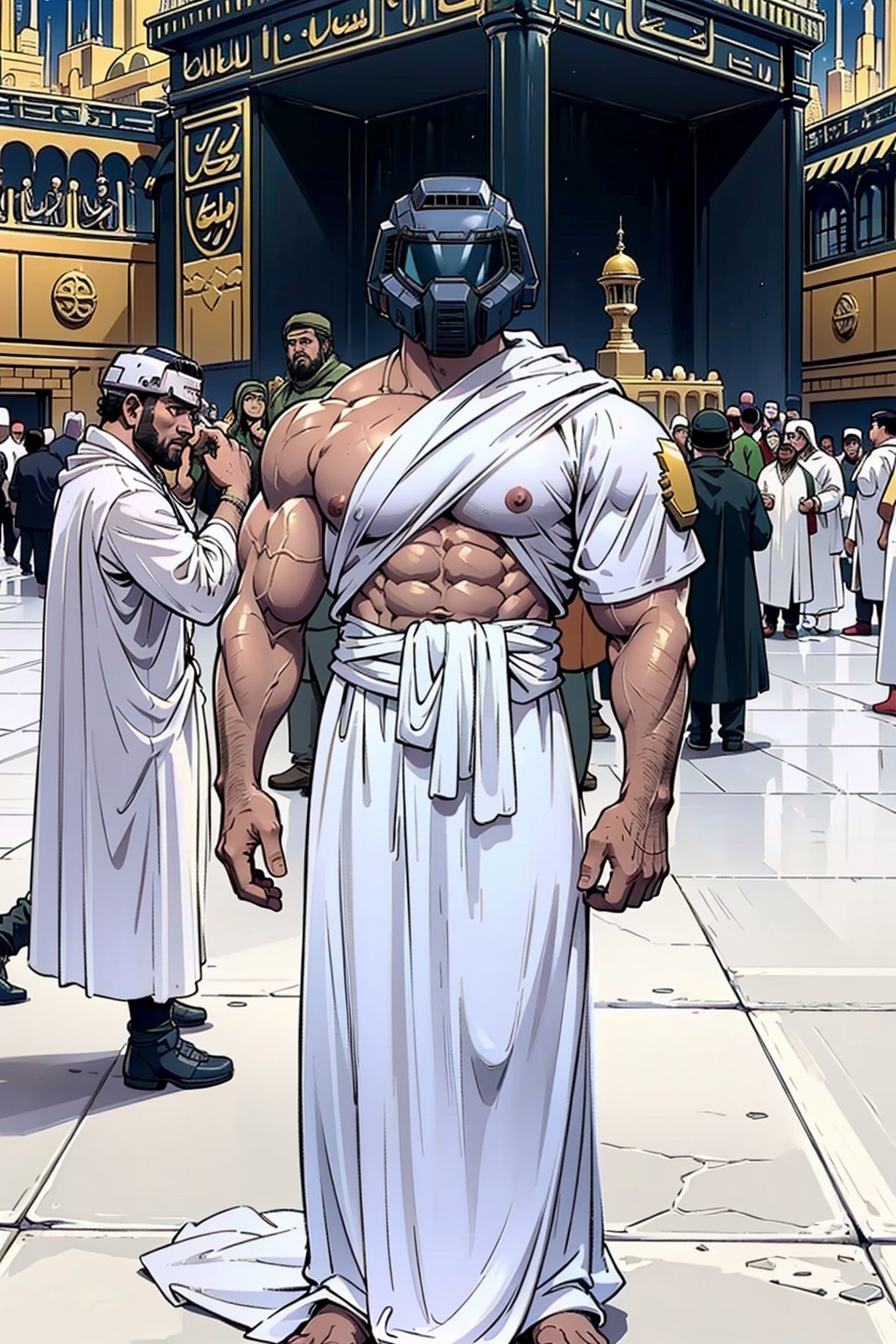 Doomguy(bodybuilder, tall, naked but wearing white robe Ihram and helmet) standing, (shot from distance), background(mecca, kaaba, islam) (masterpiece, highres, high quality:1.2), ambient occlusion, outstanding colors, low saturation,High detailed, Detailedface, Dreamscape