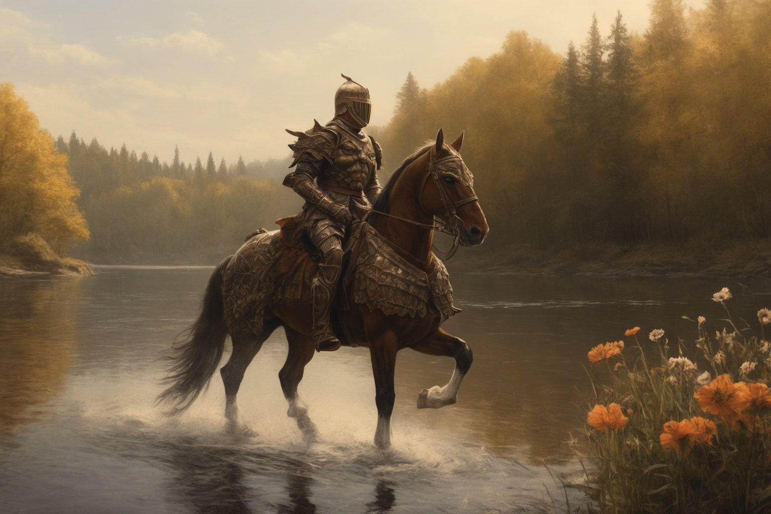 1boy\(human, tall, wearing full madness armor and helmet\), riding a horse, at the lakeside, day, lake, forest, flowers