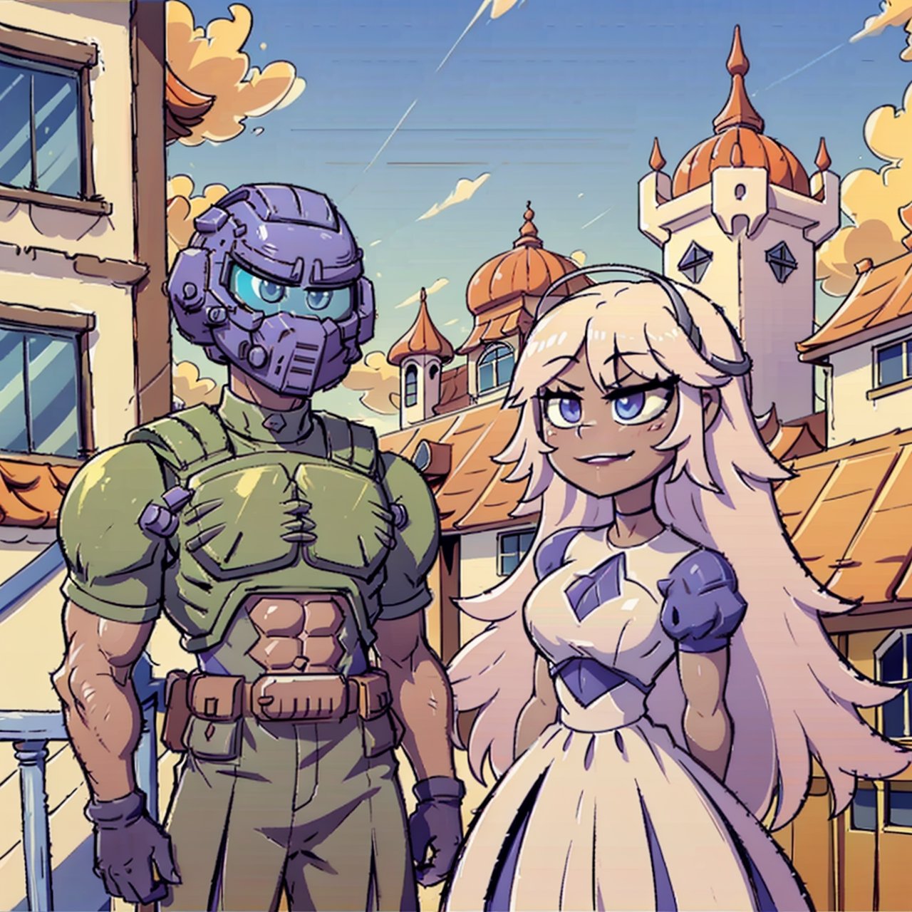 1boy(DoomGuy, tall, young, muscular, wearing doom helmet faceless, no hair, Doomguy(helmet)) and 1girl(Emily,slim body, cute, petite, wearing princess dress, long white hair, gentle and warm smile), (shot from distance), background(balcony, castle, rural area) (masterpiece, highres, high quality:1.2), ambient occlusion, outstanding colors, low saturation,High detailed,Detailedface,Dreamscape