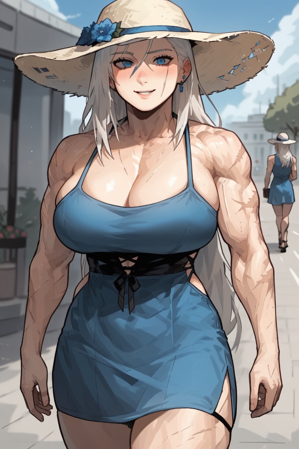 score_9, score_8, score_7, pov(male, human) walking hand in hand with wife(toned muscles, feminine, wearing summer blue dress and hat, big breasts, long hair, white hair, blue eyes, scars, shy, blushing, smile), staring at you, lakeside