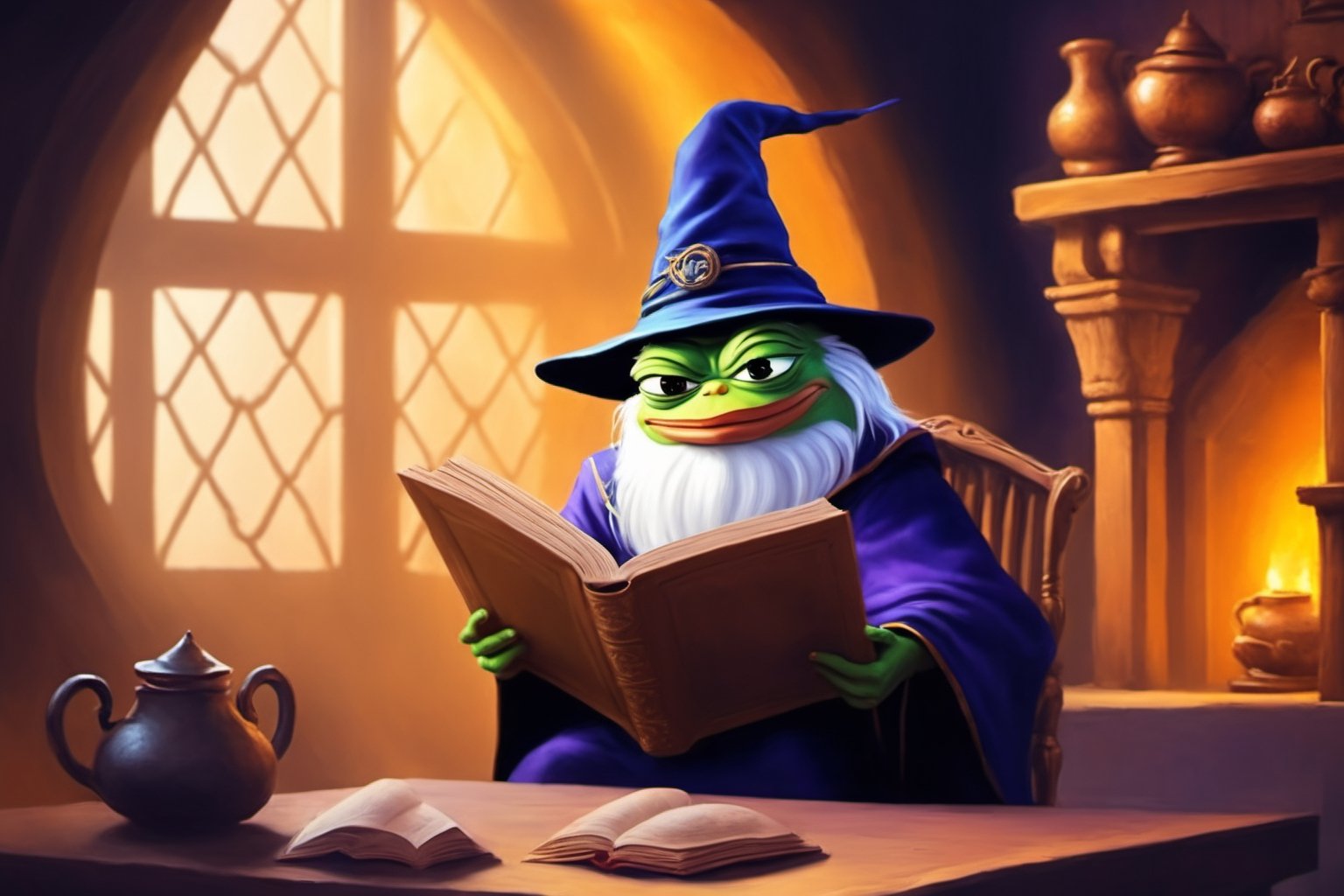 Pepe the frog(wearing wizard outfit, wizard hat, wise old, long white beard, feels good, smiling, reading a book), full body, sitting on a expensive chair, tea pot and tea cup on the table, background(magical living room, books, scrolls, magic ball), fantasy, Oil painting, heavy brush strokes, (Shot from distance)(masterpiece, highres, high quality:1.2), ambient occlusion, low saturation, High detailed, Detailedface, Dreamscape, (Dungeon and Dragons fantasy setting)