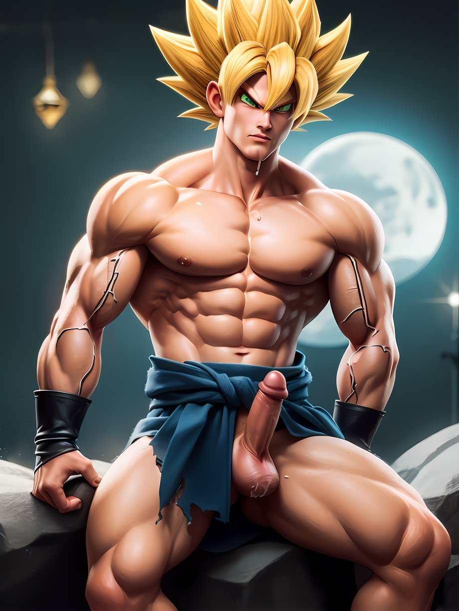 (inspirate in character of Son Goku Sayan Namek saga ,leaning against rock, medium shot side view,  gigantic erect circumcised penis veins testicles nude covered in cum, mouth open, looking directly at viewer:1)(masterpiece, best quality), intricate details, 8k, artstation, stroke lines, wallpaper, official art, splash art, storm in background, sharp focus, 1boy, (photorealistic:1.2) (bokeh) (best quality) (detailed skin:1.3) (intricate details) (8k) (detailed eyes) (sharp focus)  battle damage, blonde hair, blue sash, , green eyes, (nude covered in cum:1), male focus, muscular, muscular female, pectorals, sash, solo, super saiyan, super saiyan 1, teeth, topless male, torn clothes, (((round pupils))),  perfect anatomy, perfect face, perfect eyes,(very detailed eyes:1) (very detailed face:1) (very detailed iris and pupils :1.2)