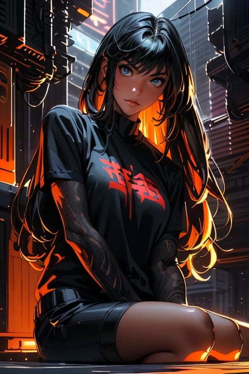 (best quality, masterpiece, colorful, dynamic angle, highest detailed)upper body photo, full body photo, fashion photography of cute  1girl, mechanical arms, cyborg, dark mood, dystopia, glowing, looking at viewer, sitting, long hair, bokeh (intricate details, hyperdetailed:1.15), detailed, light passing through hair, (official art, extreme detailed, highest detailed),