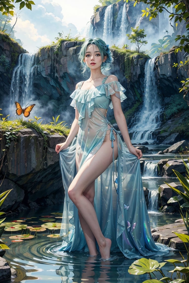 Hair, cascading waterfall, iridescent blue-green. Amidst floating islands and cascading waterfalls, girl surrounded by butterfly-like creatures shimmering in every hue, translucent clothes, ((masterpiece, best quality, cinema light)), sharp focus,perfecteyes,Detailedface,Detailedeyes,realistic,girl in ponds,cloud,High detailed 