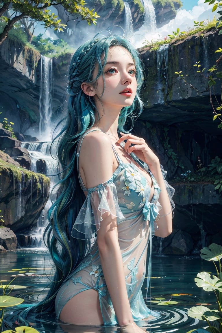 Hair, cascading waterfall, iridescent blue-green. Amidst floating islands and cascading waterfalls, girl surrounded by butterfly-like creatures shimmering in every hue, translucent clothes, ((masterpiece, best quality, cinema light)), sharp focus,perfecteyes,Detailedface,Detailedeyes,realistic,girl in ponds,cloud,High detailed 