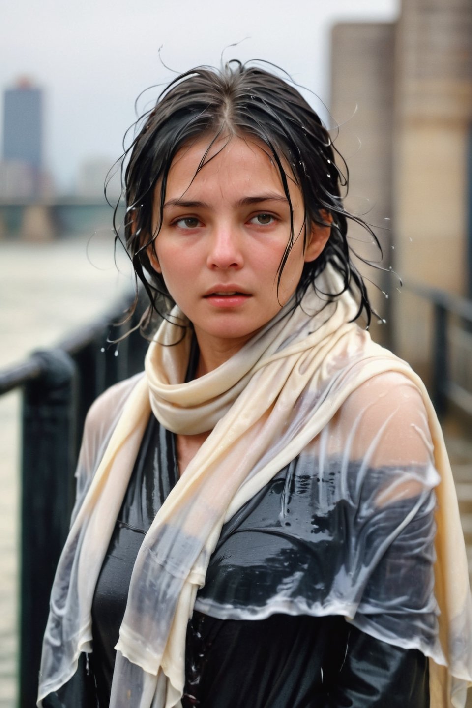 low quality photo, film grain, blur, A wet woman wrapped in a cream-colored wet scarf, with a wet black overcoat draped over her wet shoulders. Her gaze is pensive, her wet black hair tousled by the wind, wet bare face, against an urban backdrop, sunlit face,girlvn,wet korean girl,more detail XL,soakingwetclothes