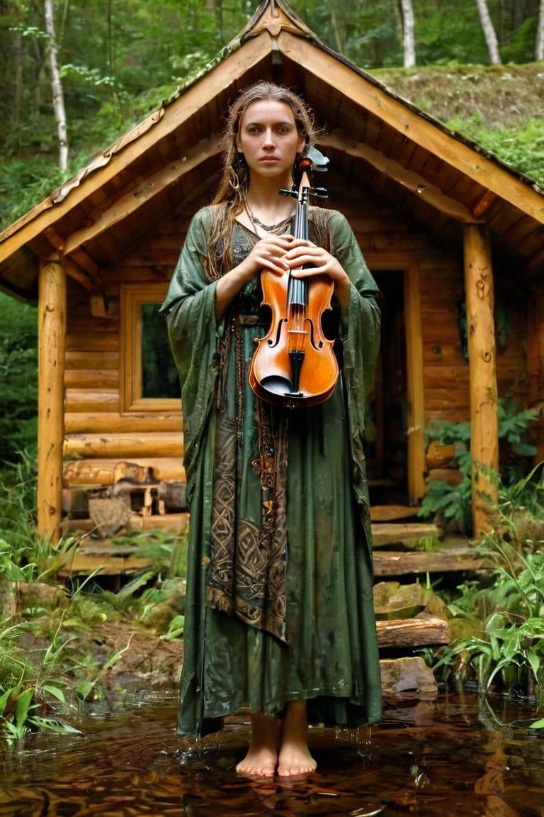 1 girl,wet Druidas,holding wet Ancient violin,
Picture an ancient wet Celtic female wet druid, adorned in flowing wet robes of earthy tones, adorned with intricate Celtic symbols and patterns,
 dwelling in a small log house hidden within the forest depths,aesthetic,soakingwetclothes