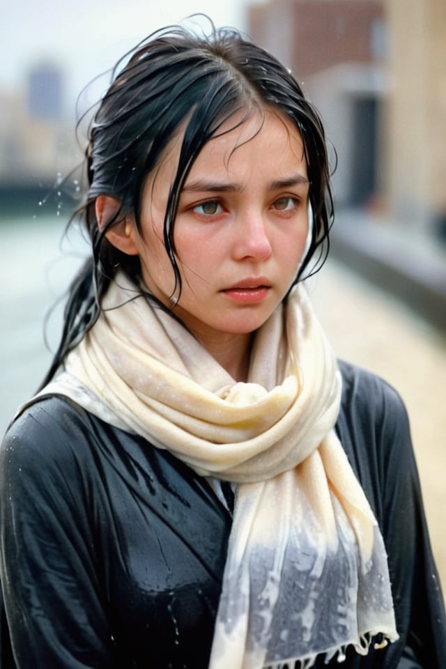 low quality photo, film grain, blur, A wet woman wrapped in a cream-colored wet woolen scarf, with a wet black overcoat draped over her wet shoulders. Her gaze is pensive, her wet black hair tousled by the wind, wet bare face, against an urban backdrop, sunlit face,girlvn,wet korean girl,more detail XL,soakingwetclothes