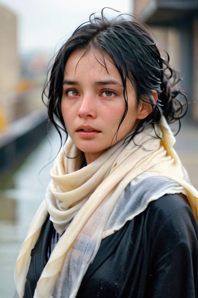 low quality photo, film grain, blur, A wet woman wrapped in a cream-colored wet wool scarf, wool scarf,  with a wet black overcoat draped over her wet shoulders. Her gaze is pensive, her wet black hair tousled by the wind, wet bare face, against an urban backdrop, sunlit face,girlvn,wet korean girl,more detail XL,soakingwetclothes