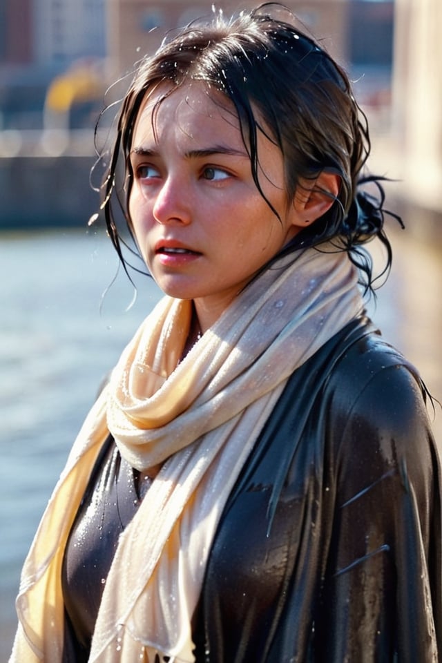 low quality photo, film grain, blur, A wet woman wrapped in a cream-colored wet woolen scarf, with a wet black overcoat draped over her wet shoulders. Her gaze is pensive, her wet black hair tousled by the wind, wet bare face, against an urban backdrop, sunlit face,girlvn,wet korean girl,more detail XL,soakingwetclothes