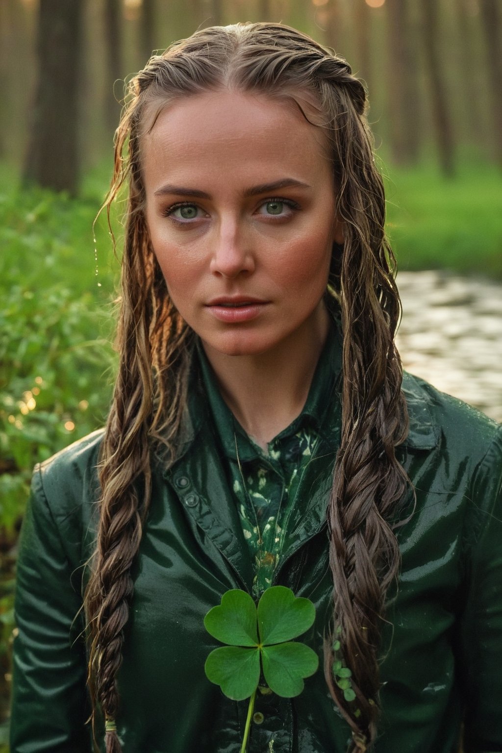 35 year old wet female leprechaun in a lush snowy forest at sunrise, long flowing wet braided hair, warmth, determination, poise, eyes glimmering with warm hues, wet clothes adorned with a geometric four leaf clover pattern, perfect eyes, perfect anatomy, artistic composition, masterpiece quality, high-detail, realistic skin texture, captured with Sony A7R IV, Sony FE 50mm f/1.2 GM lens, bathed in warm natural light, ultra-realistic,soakingwetclothes