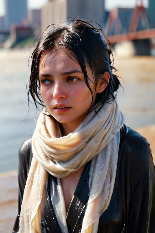 low quality photo, film grain, blur, A wet woman wrapped in a cream-colored wet woolen scarf, with a wet black overcoat draped over her wet shoulders. Her gaze is pensive, her wet black hair tousled by the wind, wet bare face, against an urban backdrop, sunlit face,girlvn,wet korean girl,more detail XL,soakingwetclothes