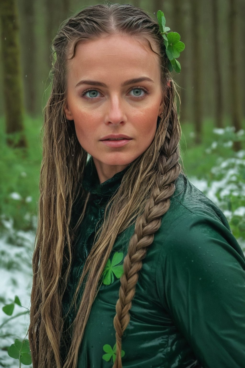 35 year old wet female leprechaun in a lush snowy forest at sunrise, long flowing wet braided hair, warmth, determination, poise, eyes glimmering with warm hues, wet clothes adorned with a geometric four leaf clover pattern, perfect eyes, perfect anatomy, artistic composition, masterpiece quality, high-detail, realistic skin texture, captured with Sony A7R IV, Sony FE 50mm f/1.2 GM lens, bathed in warm natural light, ultra-realistic,soakingwetclothes