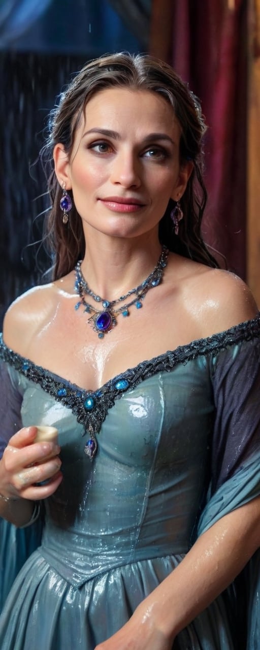 (Young julia roberts, Wet, soaked, wet hair, wet skin, wet body, giving speech , ballgown shawl, beautiful and aesthetic:1.4), create a minimalist image of a beautiful wet young actress having coffee in a restaurant , 21yo, azure eyes,eye contact, glowing wet black hair, kind smile, bliss vibes, realistic detalied wet mediaval ballgown shawl, necklace, earrings,wet chokcer, wet goth style,colorful, vibrant colors, well lit background,soakingwetclothes,18thcentury, jewellery 