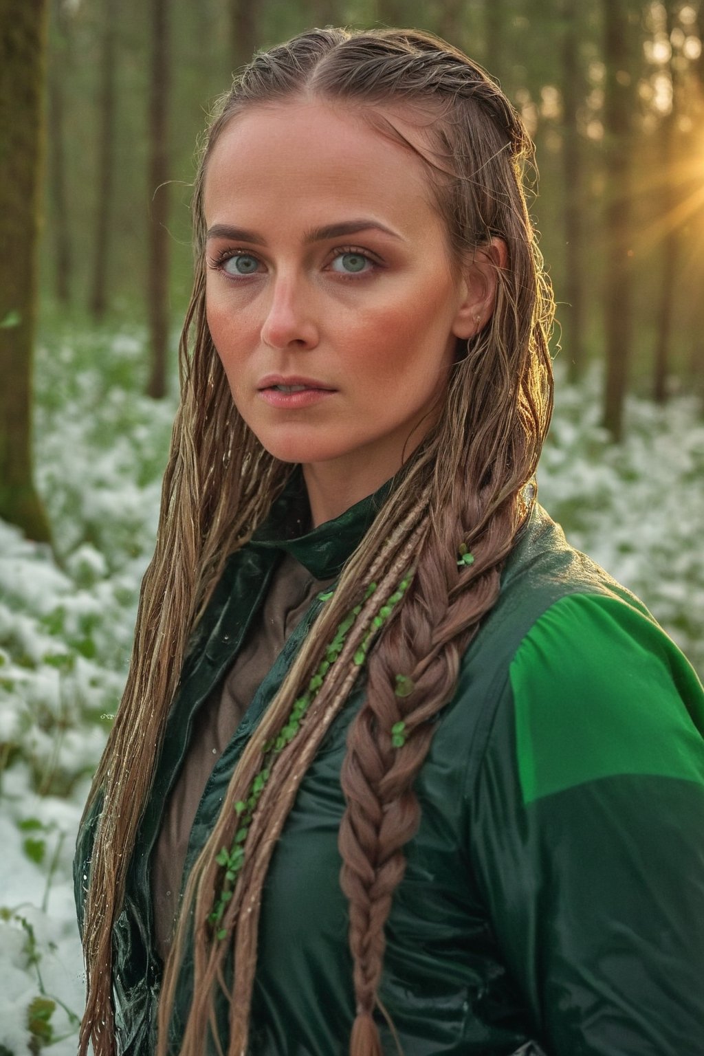 35 year old wet female leprechaun in a lush snowy forest at sunrise, long flowing wet braided hair, warmth, determination, poise, eyes glimmering with warm hues, wet clothes adorned with a geometric four leaf clover pattern, perfect eyes, perfect anatomy, artistic composition, masterpiece quality, high-detail, realistic skin texture, captured with Sony A7R IV, Sony FE 50mm f/1.2 GM lens, bathed in warm natural light, ultra-realistic,soakingwetclothes