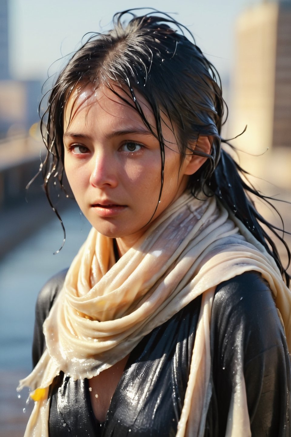 low quality photo, film grain, blur, A wet woman wrapped in a cream-colored wet scarf, with a wet black coat draped over her wet shoulders. Her gaze is pensive, her wet black hair tousled by the wind, wet bare face, against an urban backdrop, sunlit face,girlvn,wet korean girl,more detail XL,soakingwetclothes