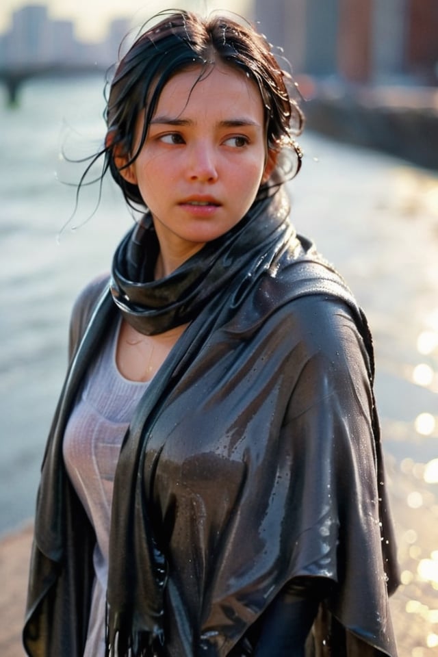 low quality photo, film grain, blur, A wet woman wrapped in a heavy wet wool scarf, wool scarf,  with a wet black overcoat draped over her wet shoulders. Her gaze is pensive, her wet black hair tousled by the wind, wet bare face, against an urban backdrop, sunlit face,girlvn,wet korean girl,more detail XL,soakingwetclothes