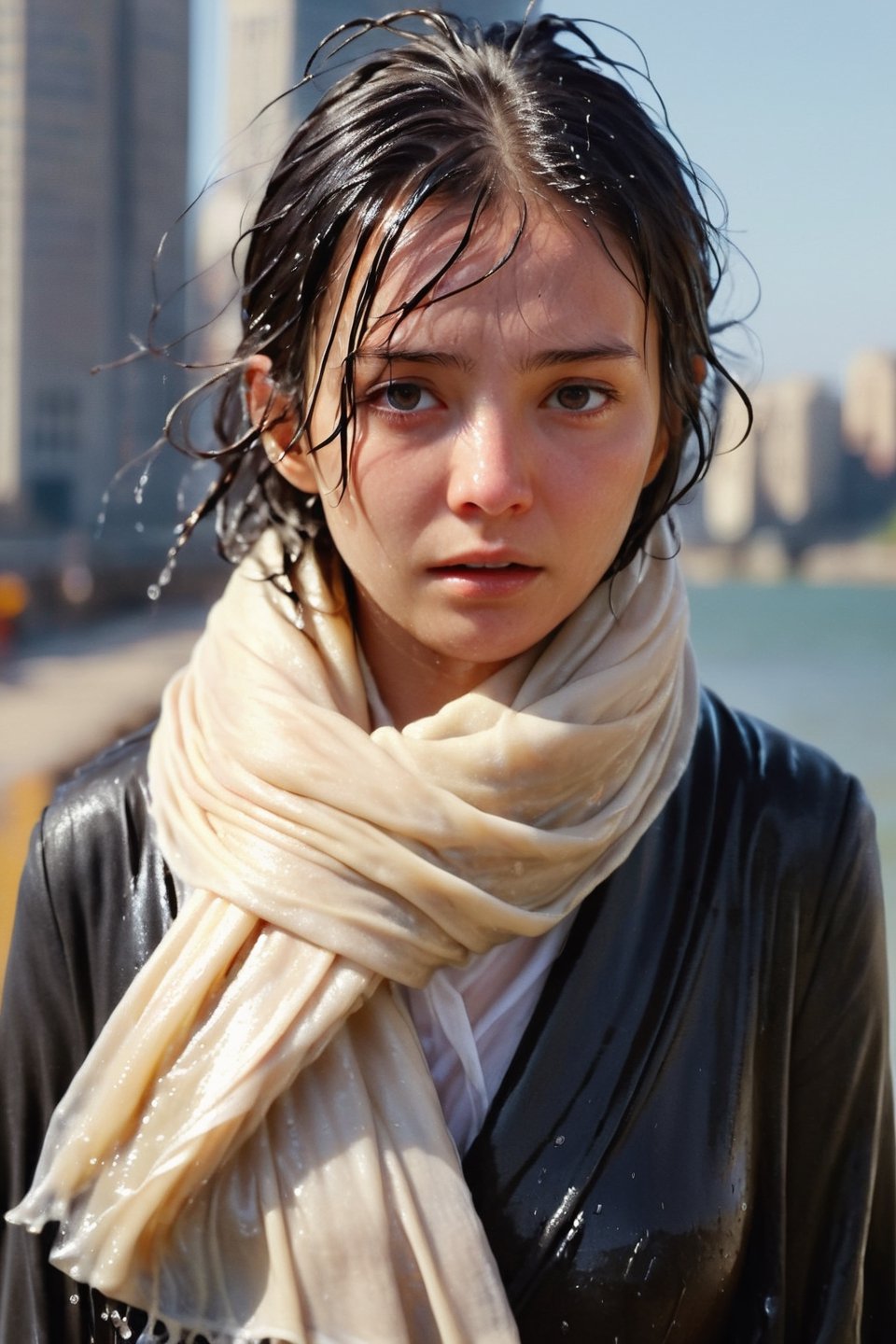 low quality photo, film grain, blur, A wet woman wrapped in a cream-colored wet scarf, with a wet black overcoat draped over her wet shoulders. Her gaze is pensive, her wet black hair tousled by the wind, wet bare face, against an urban backdrop, sunlit face,girlvn,wet korean girl,more detail XL,soakingwetclothes