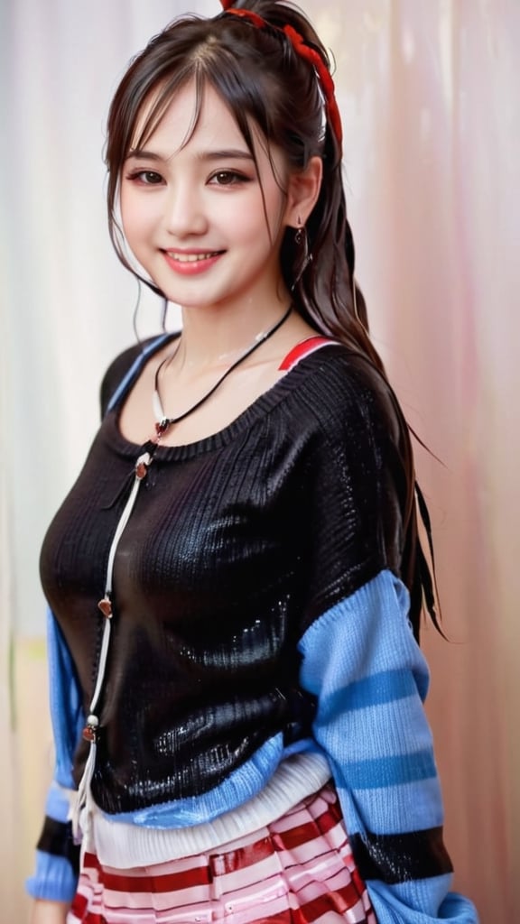 Beautiful and delicate light, (beautiful and delicate eyes), pale wet skin, big smile, (brown eyes), (wet black long hair), dreamy, medium chest, woman 1, (front shot),wet Korean girl, wet wool sweater, wet heavy overcoat jacket, wet bangs, soft expression, height 170,wet elegant, big smile, 8k art photo, realistic concept art, realistic, portrait, necklace, small earrings, handbag, fantasy, jewelry, pigtail,wet longskirt, longskirt, various wet tops, (red), horizontal stripes pattern, wet jacket , t-shirt, half body shot, shibari,soakingwetclothes