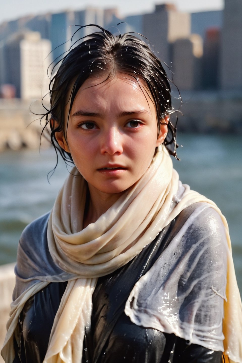 low quality photo, film grain, blur, A wet woman wrapped in a cream-colored wet scarf, with a wet black coat draped over her wet shoulders. Her gaze is pensive, her wet black hair tousled by the wind, wet bare face, against an urban backdrop, sunlit face,girlvn,wet korean girl,more detail XL,soakingwetclothes