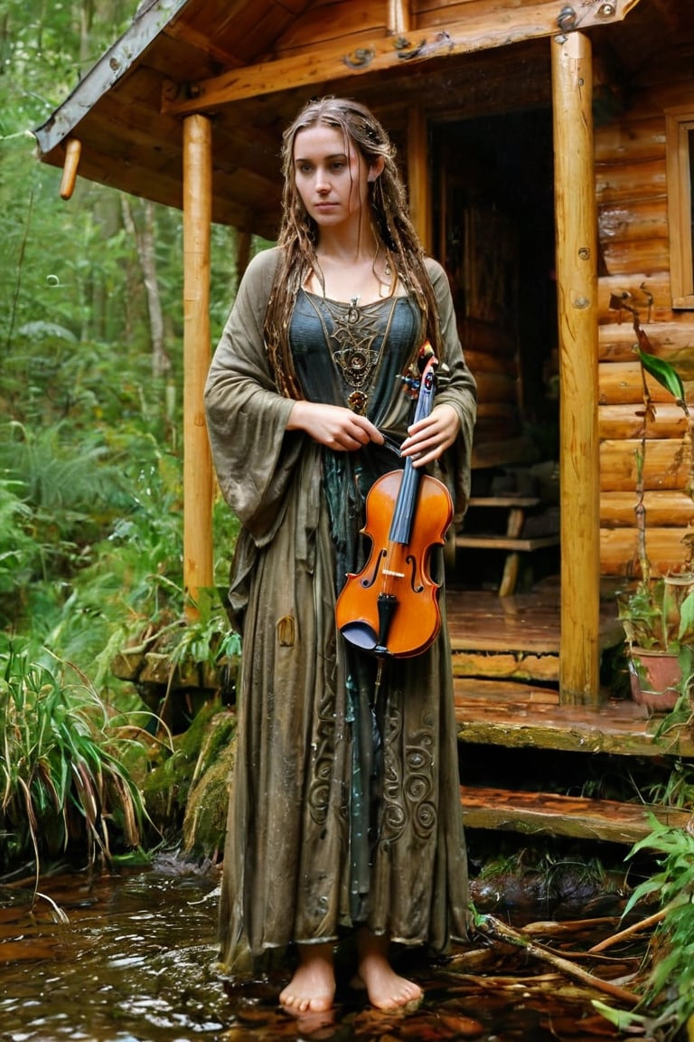 1 girl,wet Druidas,holding wet Ancient violin,
Picture an ancient wet Celtic female wet druid, adorned in flowing wet robes of earthy tones, adorned with intricate Celtic symbols and patterns,
 dwelling in a small log house hidden within the forest depths,aesthetic,soakingwetclothes