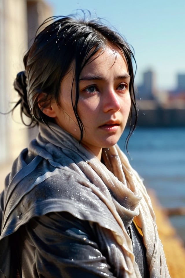 low quality photo, film grain, blur, A wet woman wrapped in a heavy wet wool scarf, wool scarf,  with a wet black overcoat draped over her wet shoulders. Her gaze is pensive, her wet black hair tousled by the wind, wet bare face, against an urban backdrop, sunlit face,girlvn,wet korean girl,more detail XL,soakingwetclothes