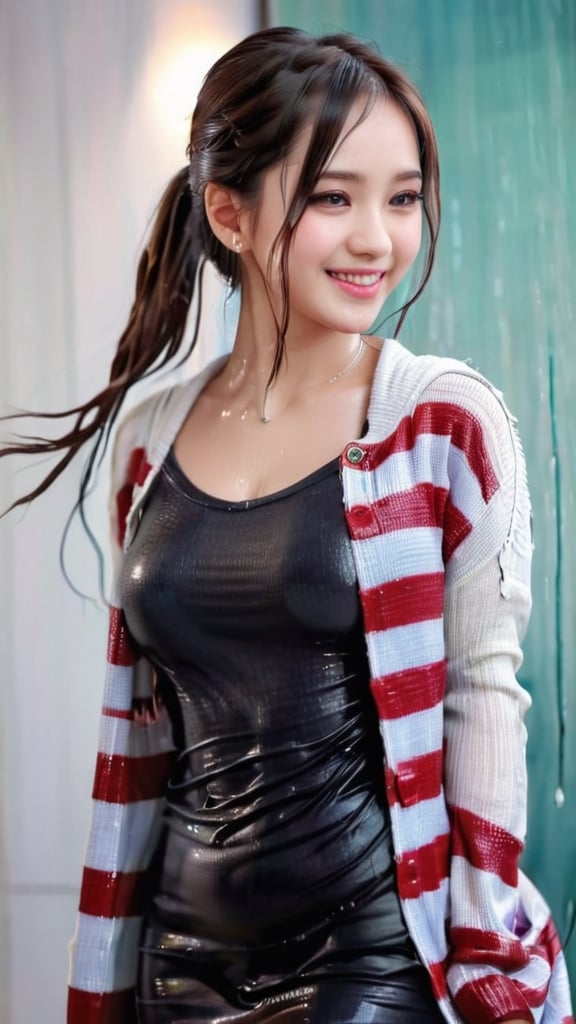 Beautiful and delicate light, (beautiful and delicate eyes), pale wet skin, big smile, (brown eyes), (wet black long hair), dreamy, medium chest, woman 1, (front shot),wet Korean girl, wet wool sweater, wet heavy overcoat jacket, wet bangs, soft expression, height 170,wet elegant, big smile, 8k art photo, realistic concept art, realistic, portrait, necklace, small earrings, handbag, fantasy, jewelry, pigtail,wet longskirt, longskirt, various wet tops, (red), horizontal stripes pattern, wet jacket , t-shirt, half body shot, shibari,soakingwetclothes