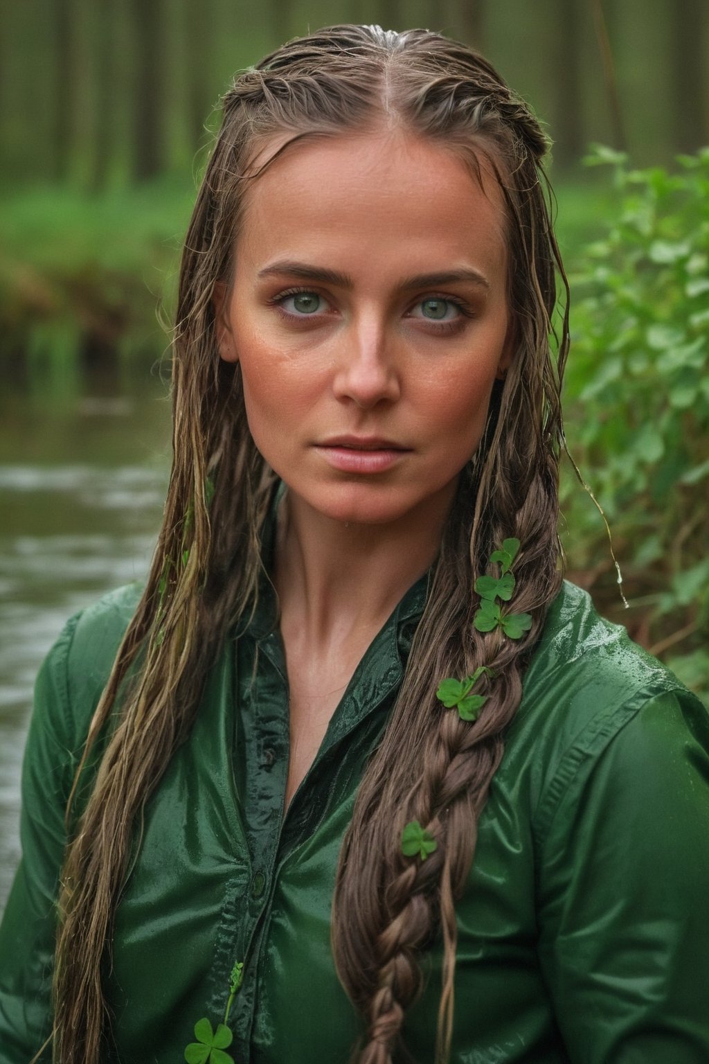 35 year old wet female leprechaun in a lush snowy forest at sunrise, long flowing wet braided hair, warmth, determination, poise, eyes glimmering with warm hues, wet clothes adorned with a geometric four leaf clover pattern, perfect eyes, perfect anatomy, artistic composition, masterpiece quality, high-detail, realistic skin texture, captured with Sony A7R IV, Sony FE 50mm f/1.2 GM lens, bathed in warm natural light, ultra-realistic,soakingwetclothes