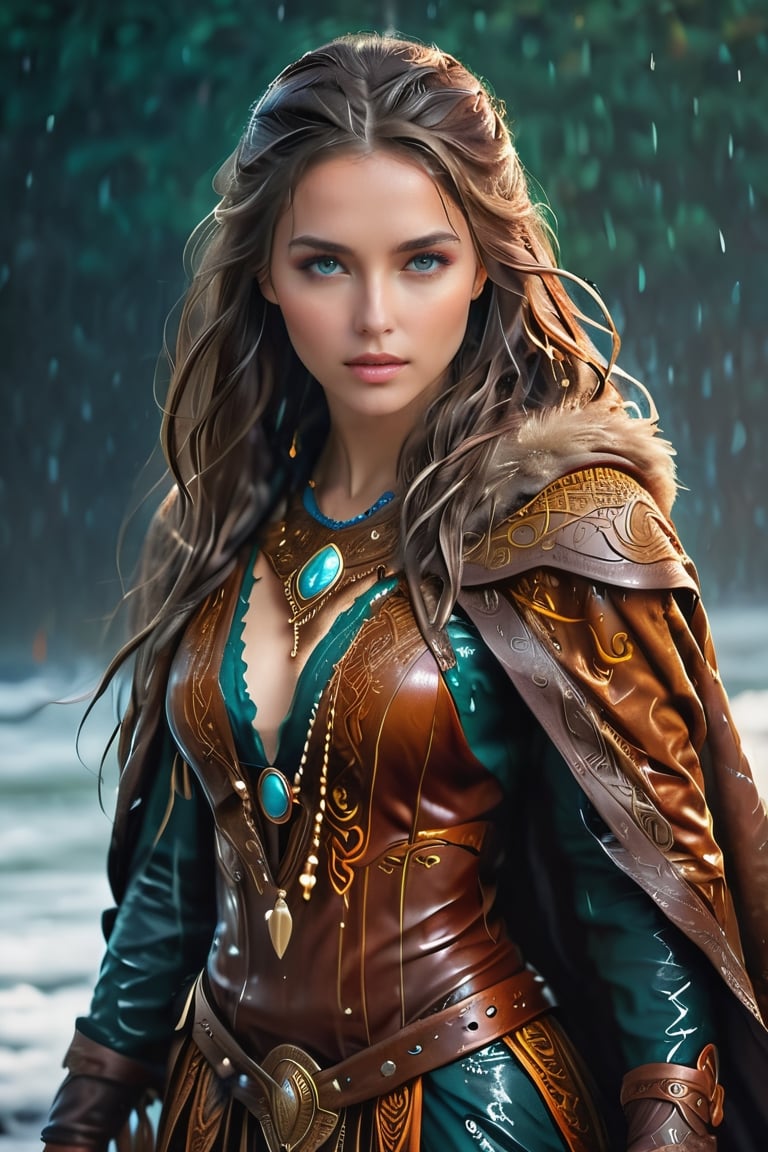 captivating depiction of a wet woman dressed in ancient wet Viking attire. Her stunning wet  figure is adorned with intricate Viking wet  clothing cloak and accessories, showcasing the rich history and unique style of this ancient civilisation. The wet woman's beautiful, Scandinavian wet face radiates confidence and attractiveness, reflecting the strength and resilience of Viking wet women. Her flowing, uncombed wet hair cascades around her, emphasising her wild and independent spirit. The composition emphasises the beauty of her wet body and wet facial features, capturing the intricate details of her wet outfit, from the fur-trimmed cloak to the intricate woven patterns. As a whole, the image exudes a sense of strength, beauty and grace, celebrating the timeless elegance of Viking culture.,soakingwetclothes