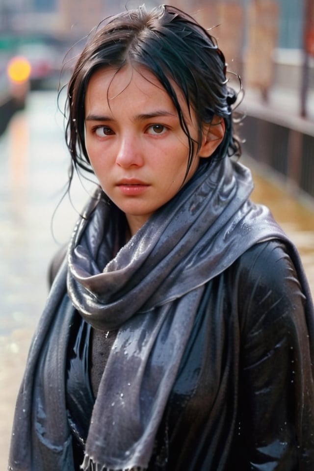 low quality photo, film grain, blur, A wet woman wrapped in a heavy wet wool scarf, wool scarf,  with a wet black overcoat draped over her wet shoulders. Her gaze is pensive, her wet black hair tousled by the wind, wet bare face, against an urban backdrop, sunlit face,girlvn,wet korean girl,more detail XL,soakingwetclothes