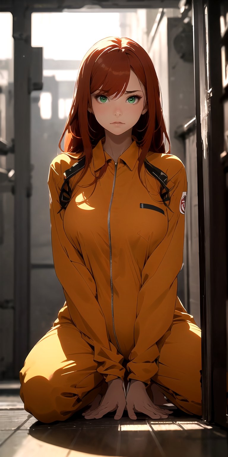 (best quality, masterpiece), 1girl, looking at viewer, long red hair, green eyes, sad, sorry, blurry background, complete body, orange prisoner tight jumpsuit, position of at attention, barefoot, medium breast size,ARYSTYLE3, prison camp