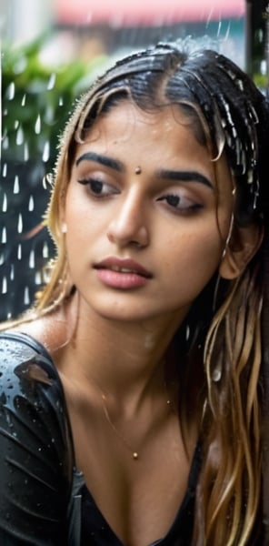 lovely cute young attractive indian teenage girl in a black crop top,  18 years old,  cute,  an Instagram model,  long blonde_hair,  brown colorful hair,  winter,  sitting outside a coffee shop in rain,  brigite bardot in the rain,  hair on her wet face , Indian, rain-soaked hair clinging to his forehead like in shower Realistic Photograph with a 40mm lens,  focusing on skin and  every raindrop. wet clothes,  rain drop visible and clear, looking stunning, attractive
