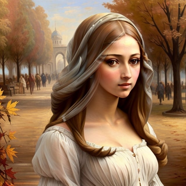 medieval town,busy,masterpiece,daytimeUsing the ideal prompt you’ve provided, I would like to request the AI model to generate a Monalisa-style drawing of a beautiful girl in a natural, rich autumn setting as the background. Please feel free to arrange the hair color and style. The attire should be in a popular fashion, and the model should be depicted in a confident pose.