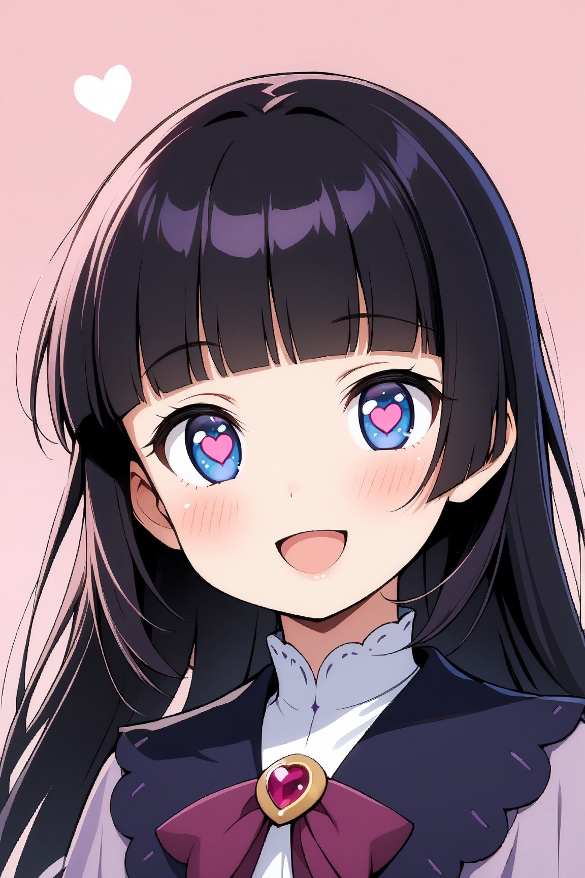 1girl, solo, long hair, blush, smile, open mouth, bangs, blue eyes, black hair, :d, heart, symbol-shaped pupils, heart-shaped pupils, close-up, gokou ruri