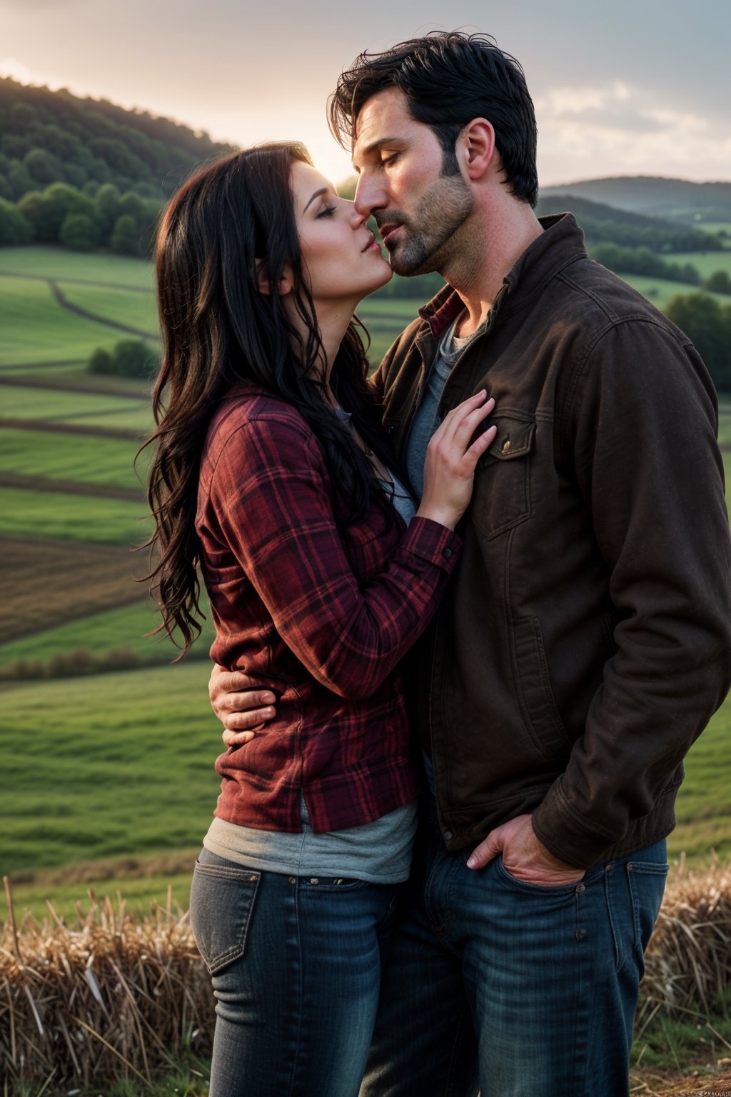 Touching scene, couple in love (farm) Emotional expression, ((a man handsome, very attractive, dark-haired, rude, 38-year-old man)) ((a woman beautiful, very beauty, dark-haired, long-haired, slender, 30-year-old woman)), Illustration, High Resolution, Lighting, Passionate, Cute Facial Features, Emotional Scene, Couple Kissing, Affectionate Expression, (Casual, Country Wear), Mixed Media Tools, Mixed Media, High Resolution, Warm Lighting, Affectionate Intimate Facial Features, Beautiful Landscape Background