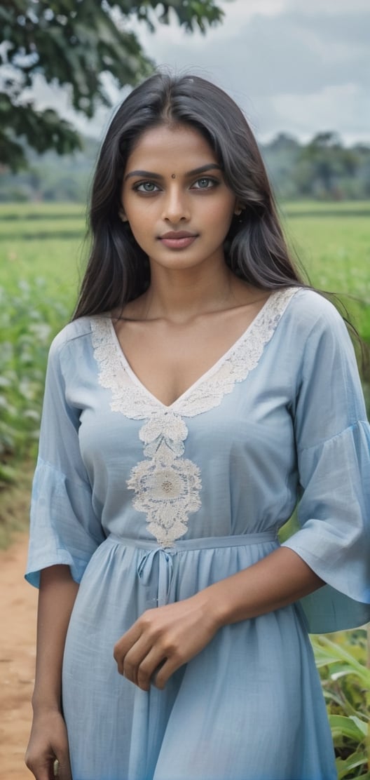 beautiful sri lankan women enjoying nature in village, very long jet black hair, no makeup, natural beauty, blue eyes, attractive, wearing old european white and blue dress, inst4 style, aesthetic portrait,