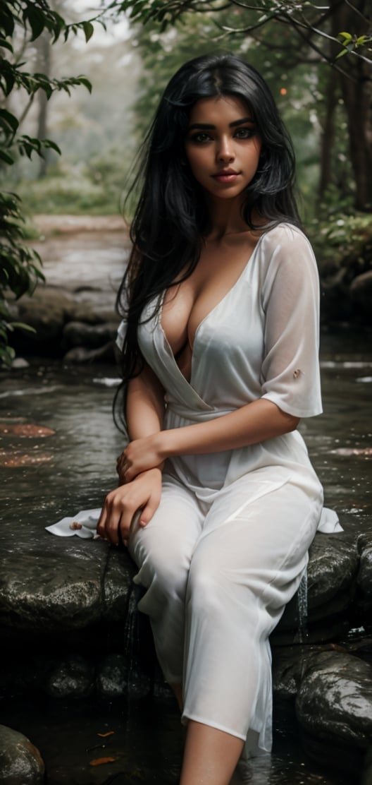 beautiful sri lankan women enjoying nature in village,  very long jet black hair,  no makeup,  natural beauty,  blue eyes,  large-sized breasts,  deep cleavage,  attractive,  wearing old European white dress,  inst4 style,  aesthetic portrait, , , , , 
