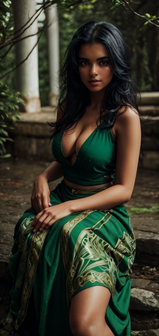 beautiful sri lankan women enjoying nature in village,  very long jet black hair,  no makeup,  natural beauty,  blue eyes,  large-sized breasts,  deep cleavage,  attractive,  wearing old European night green dress,  inst4 style,  aesthetic portrait, , , , , 
