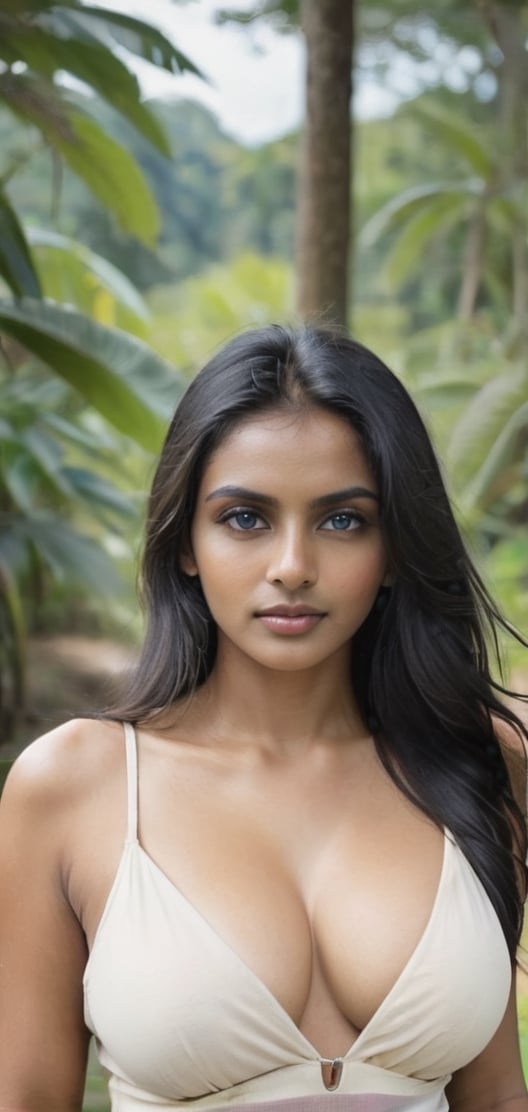 beautiful sri lankan women enjoying nature in village, very long jet black hair, no makeup, natural beauty, blue eyes, large-sized breasts, cleavage, attractive, wearing old european white, inst4 style, aesthetic portrait,